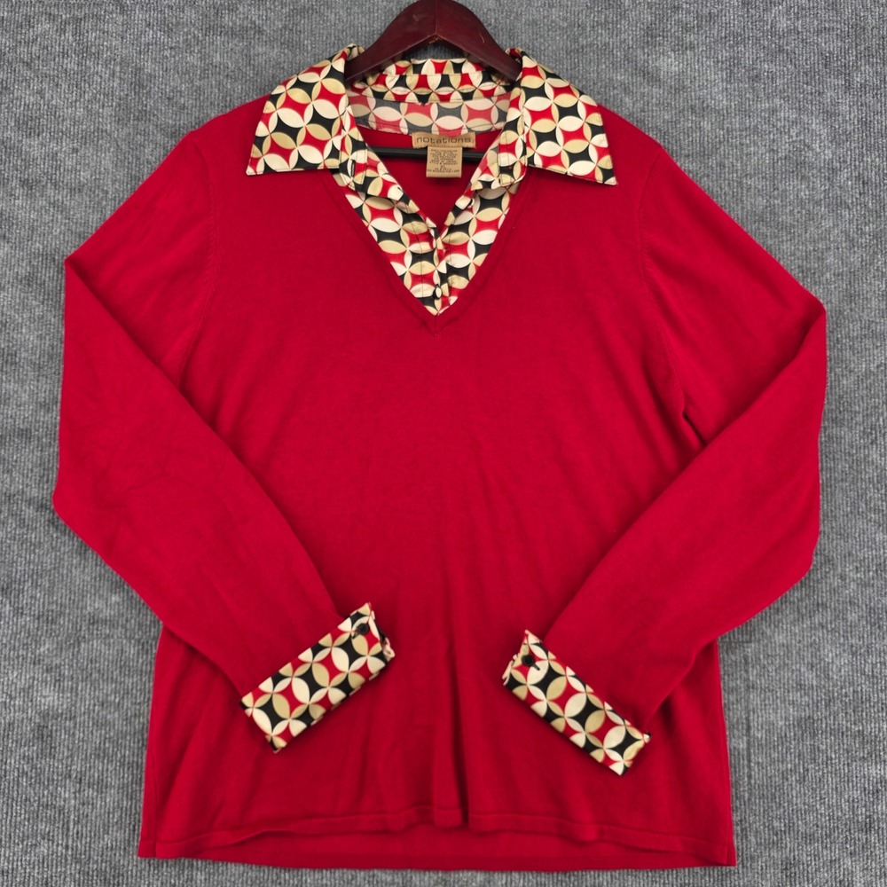 Notations Womens XL Red Knit Layered Look Pullover Geometric Collar Top MSDF0167